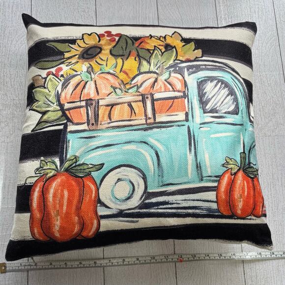 Fall Harvest Truck Pillow Pumpkin Sunflowers Striped - Picture 3 of 4